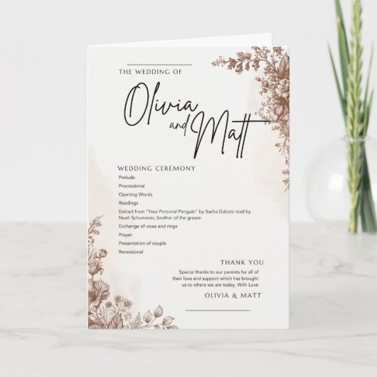 Programme de cérémonie de mariage – Marron Floral  (Devant)
