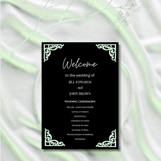 Programme de cérémonie de mariage noir coin vert m