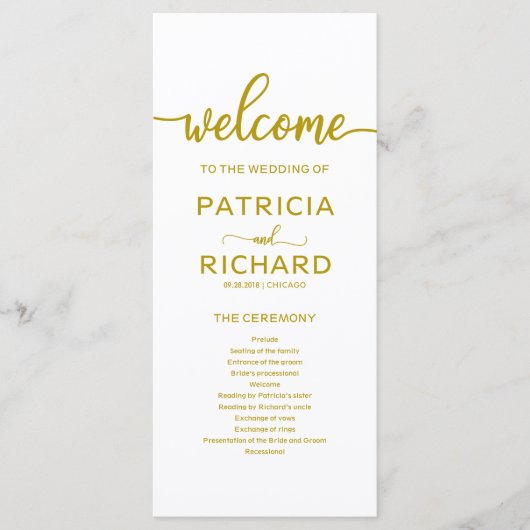 Programme de cérémonie de mariage or (Devant)