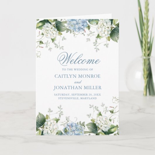 Programme de cérémonie de mariage plié Blue Hydran (Devant)