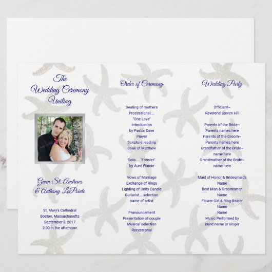 Programme de cérémonie de mariage plié en étoile d (Devant / Derrière)