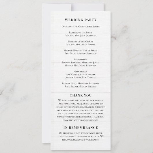 Programme de cérémonie de Mariage Rustic Greenery (Dos)