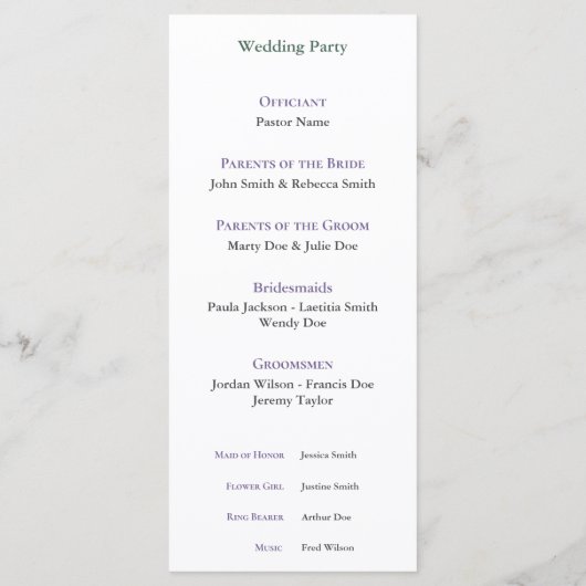 Programme de cérémonie de mariage simple lavande (Dos)