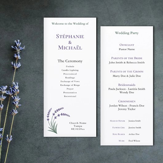 Programme de cérémonie de mariage simple lavande