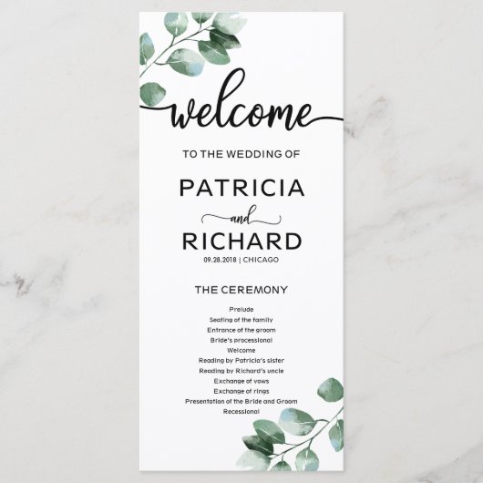 Programme de cérémonie de mariage verdoyant (Devant)