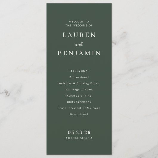 Programme de cérémonie de mariage vert élégant (Devant)