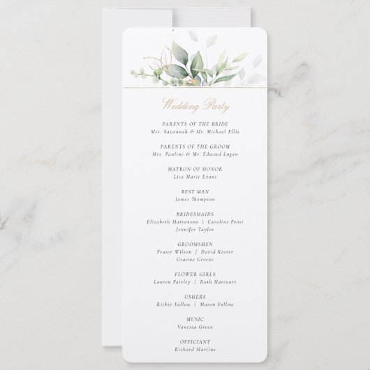 Programme de Cérémonie de Mariage vert et or (Dos)