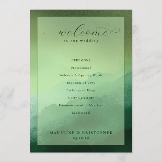 Programme de cérémonie de mariage Vert Sérénité (Devant)