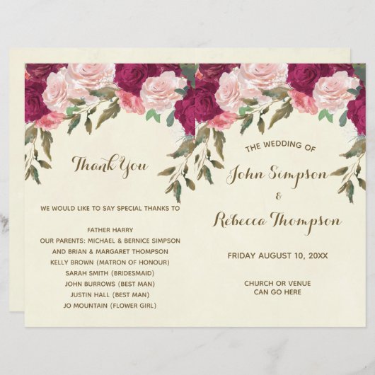 programme de cérémonie de mariages floraux roses b (Devant / Derrière)