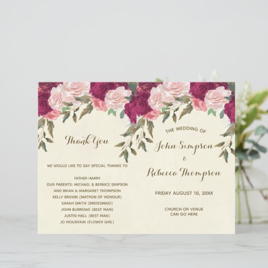 programme de cérémonie de mariages floraux roses b (Debout devant)