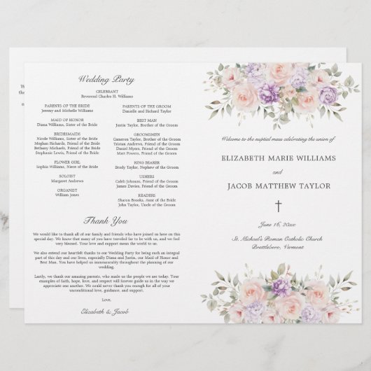 Programme de cérémonie des Mariages catholiques de (Devant / Derrière)