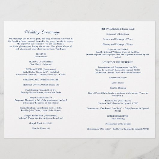 Programme de cérémonie des Mariages catholiques de (Dos)