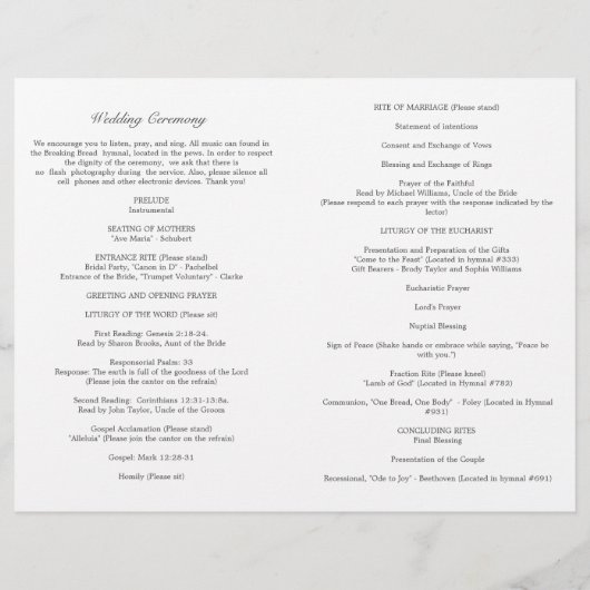 Programme de Cérémonie des Mariages catholiques ro (Dos)