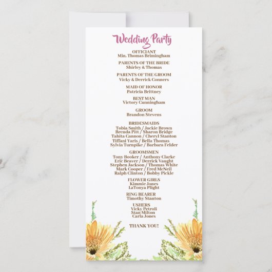 Programme de cérémonie des Mariages floraux fleurs (Dos)