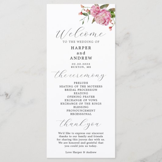 Programme de cérémonie des Mariages floraux roses (Devant)