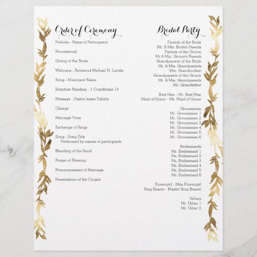 Programme de cérémonie d'or Guirlande de feuilles  (Dos)