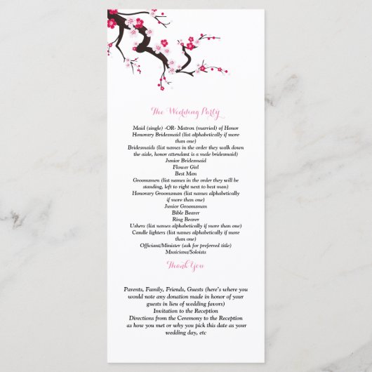 Programme de cérémonie florale rose blanc Sakura (Dos)