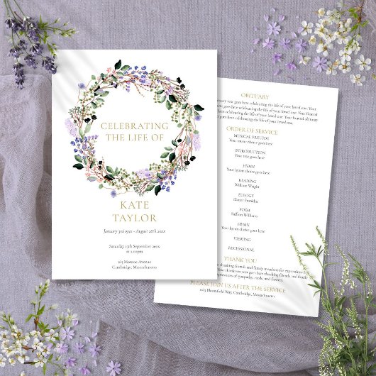 Programme de cérémonie funéraire florale lavande