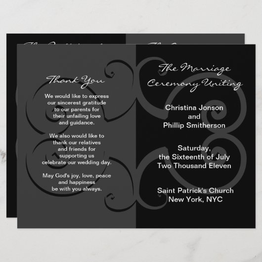 Programme de cérémonie mariage Courbe papillon noi (Devant / Derrière)