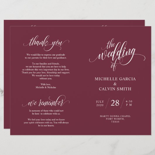 Programme de cérémonie mariage Élégance Script Bou (Devant / Derrière)