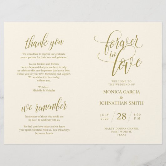 Programme de cérémonie mariage Élégance Script Gol (Devant)