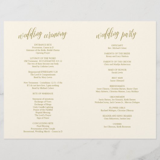 Programme de cérémonie mariage Élégance Script Gol (Dos)