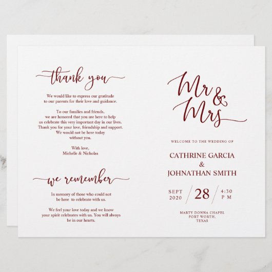 Programme de cérémonie mariage, Élégant Script Bou (Devant / Derrière)