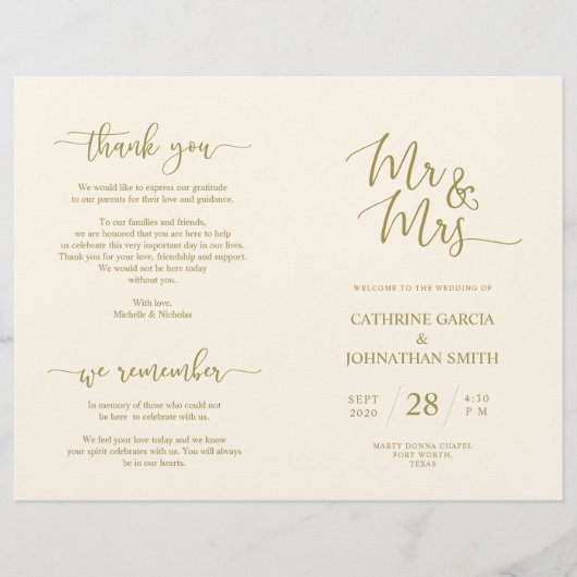 Programme de cérémonie mariage, Élégant Script Gol (Devant)