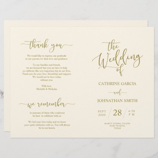 Programme de cérémonie mariage, Élégant Script Gol (Devant / Derrière)