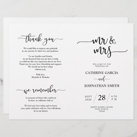 Programme de cérémonie mariage, Élégant script noi (Devant / Derrière)