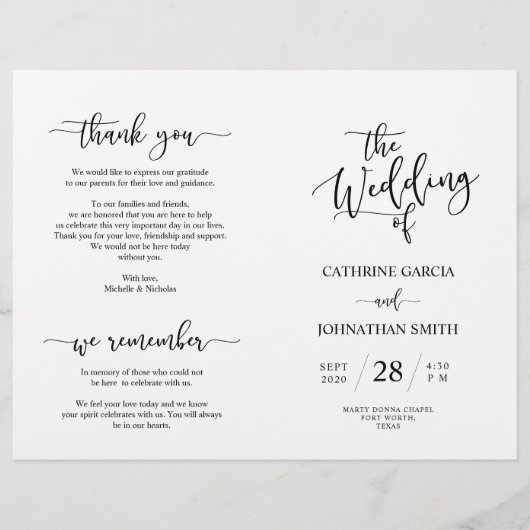 Programme de cérémonie mariage, Élégant script noi (Devant)