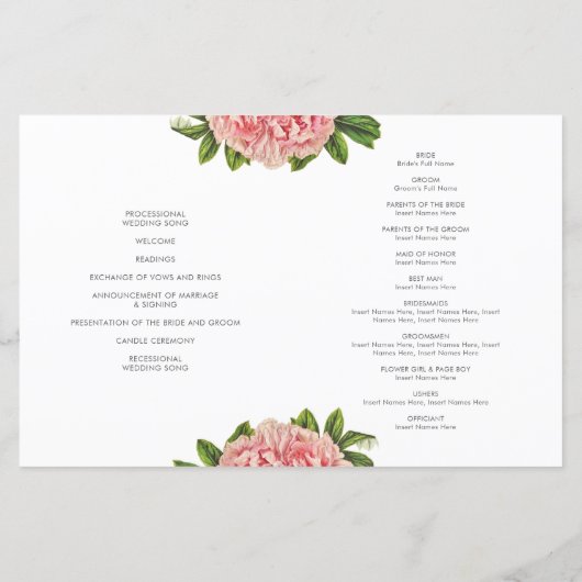 PROGRAMME DE CÉRÉMONIE mariage Fleur de pivoine à  (Dos)