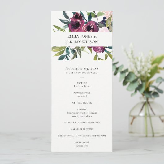 PROGRAMME DE CÉRÉMONIE MARIAGE FLORALE DE BURGUNDY (Debout devant)