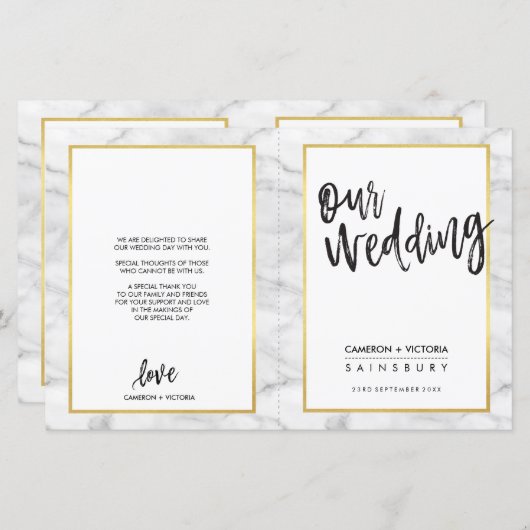 PROGRAMME DE CÉRÉMONIE mariage marbre gris or (Devant / Derrière)