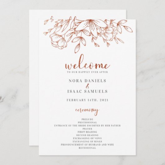 Programme de cérémonie Mariage rose Gold Greenery (Devant / Derrière)