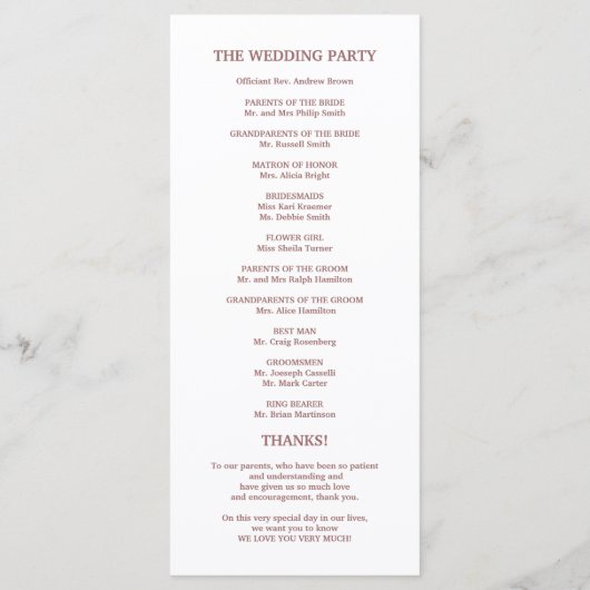 Programme de commande de service mariage Rose Gold (Dos)