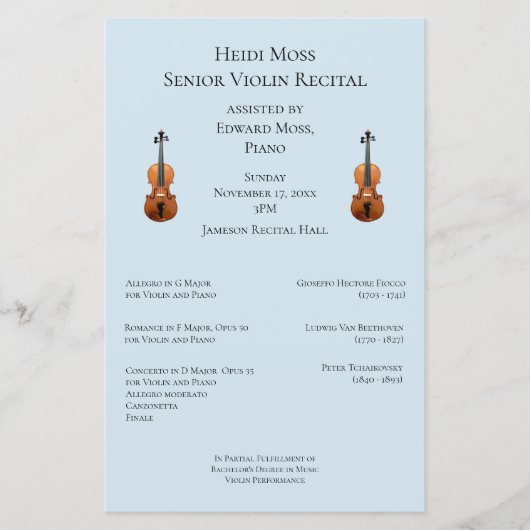 Programme de considérant pour violon de concert de (Devant)