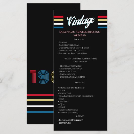 Programme de fête d'anniversaire rétro 40 ans 1986 (Devant / Derrière)