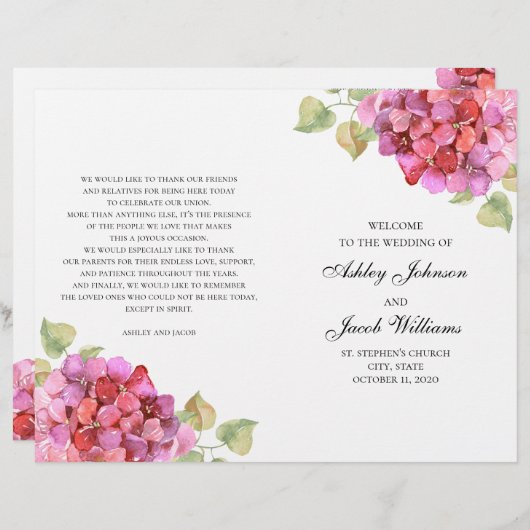 Programme de fleurs roses d'aquarelle. Mariage flo (Devant / Derrière)