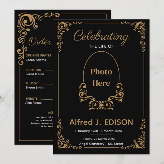 Programme de funérailles noir doré, Mémorial de fu (Devant / Derrière)