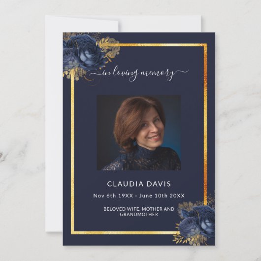 Programme de funérailles photo en or bleu marine f (Devant)