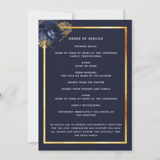 Programme de funérailles photo en or bleu marine f (Dos)