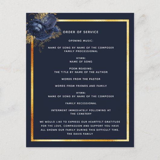 Programme de funérailles photo en or bleu marine f (Dos)