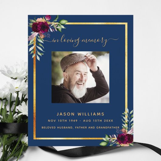 Programme de funérailles photo florale bleu marine