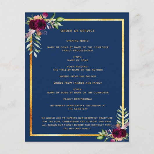 Programme de funérailles photo florale bleu marine (Dos)