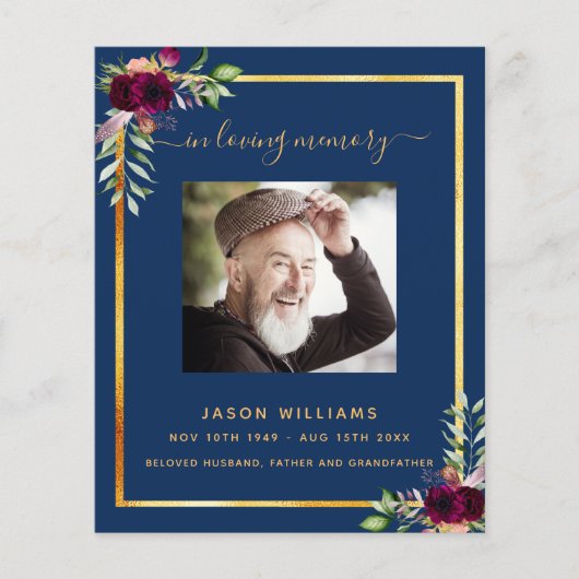 Programme de funérailles photo florale bleu marine (Devant)
