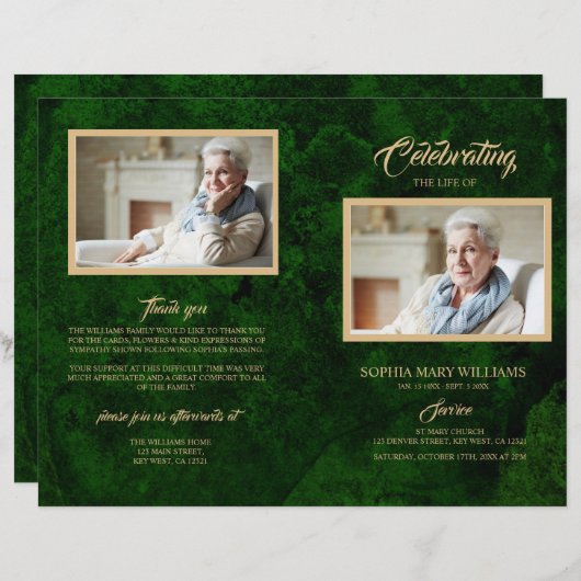 Programme de funérailles vertes et d'or | Ordre de (Devant / Derrière)