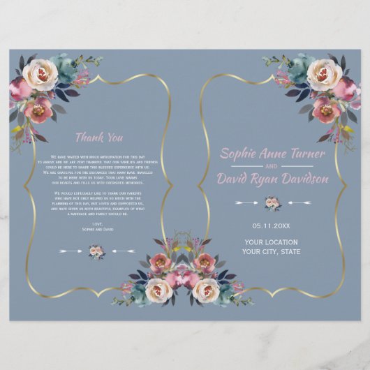 Programme de mariage à cadre doré avec fleurs rose (Devant)