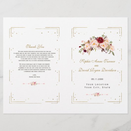 Programme de mariage à cadre doré et fleurs roses (Devant)