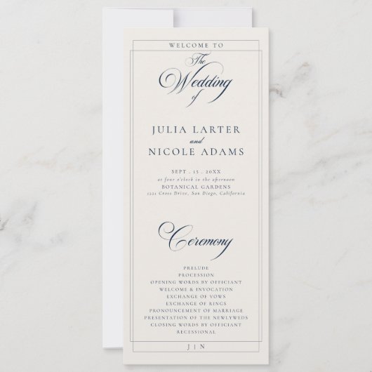 Programme de mariage à calligraphie ivoire Navy cl (Devant)